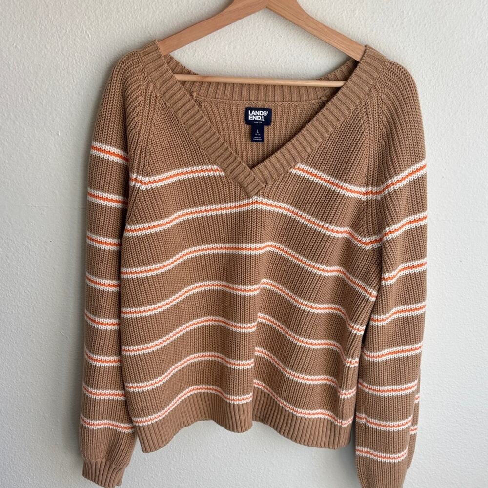 LANDS' END Sweater Large Neutral Striped Chunky Drifter V Neck Large 14 16 NWOT